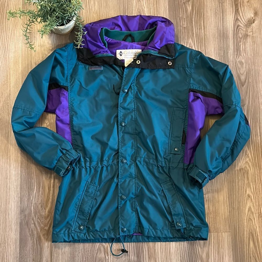 VINTAGE COLUMBIA ANORAK STYLE JACKET TEAL WITH BLACK AND PURPLE SIZE SMALL